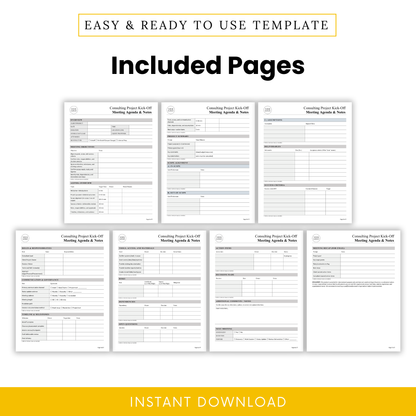 Full preview of multiple pages included in the consulting kick-off meeting template, featuring sections for scope, deliverables, risks, action items, and meeting summaries