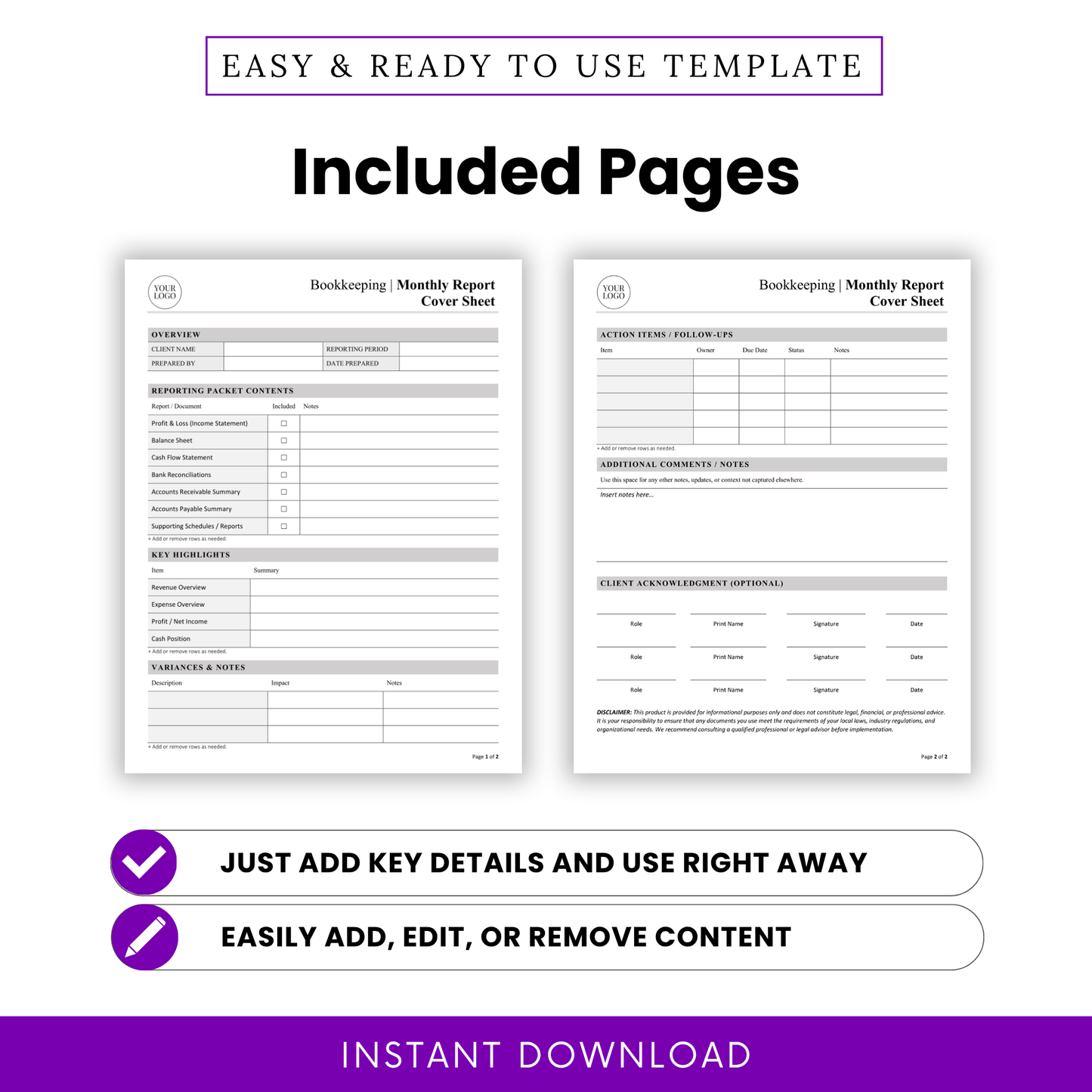 Bookkeeping monthly report template pages preview showing overview section, reporting packet contents, key highlights, and action items layout, professional financial document set for accountants