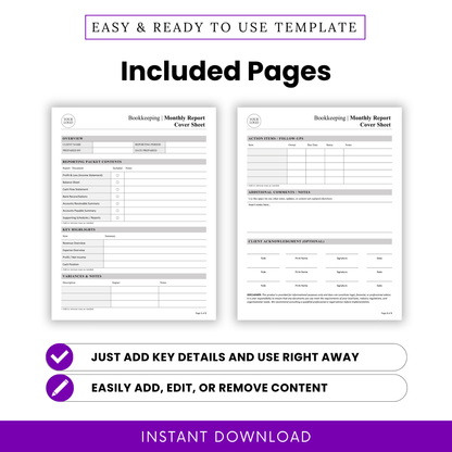 Bookkeeping monthly report template pages preview showing overview section, reporting packet contents, key highlights, and action items layout, professional financial document set for accountants