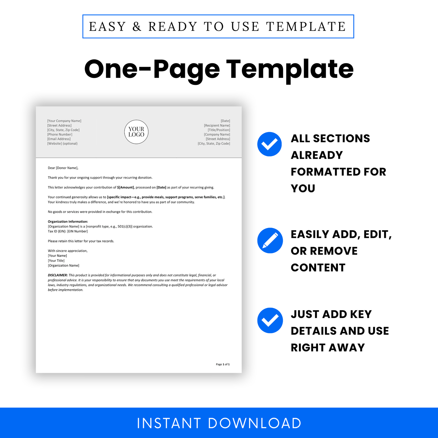 Recurring Donation Acknowledgment Letter Template Word shown as a clean, one-page document with fully formatted sections. This printable business template is ideal for nonprofits and teams who need a ready-to-use, customizable donor acknowledgment letter.