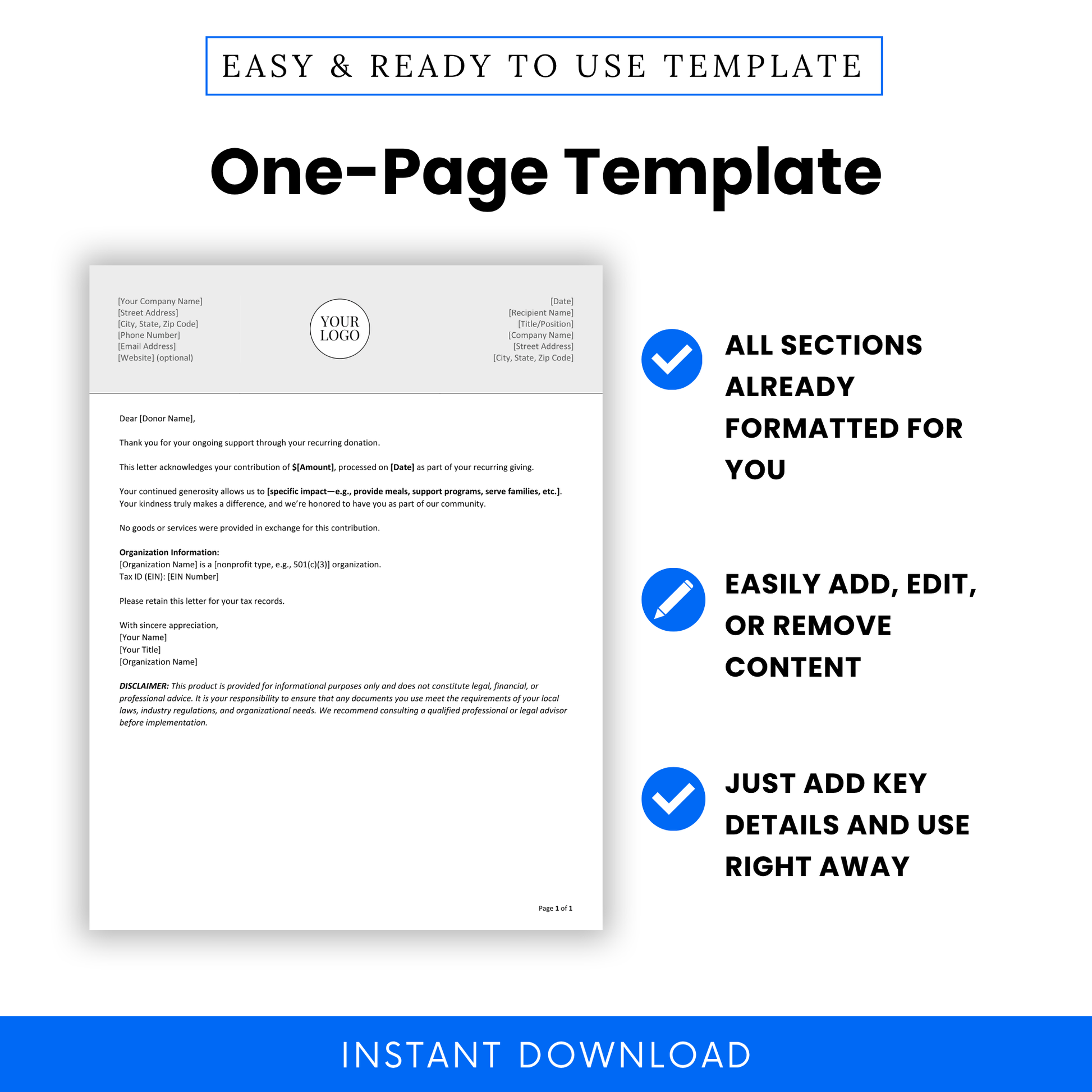 Recurring Donation Acknowledgment Letter Template Word shown as a clean, one-page document with fully formatted sections. This printable business template is ideal for nonprofits and teams who need a ready-to-use, customizable donor acknowledgment letter.
