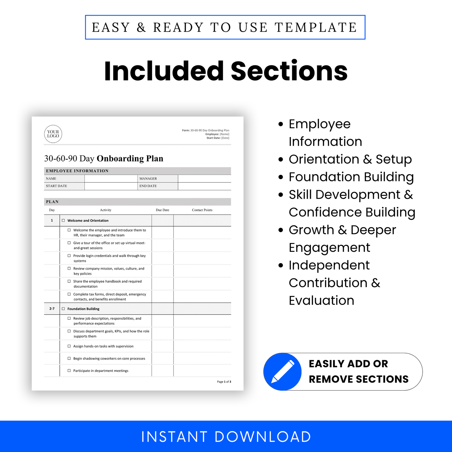 onboarding plan sections list template, employee onboarding checklist sections, HR onboarding process phases, 30-60-90 day plan structure editable document
