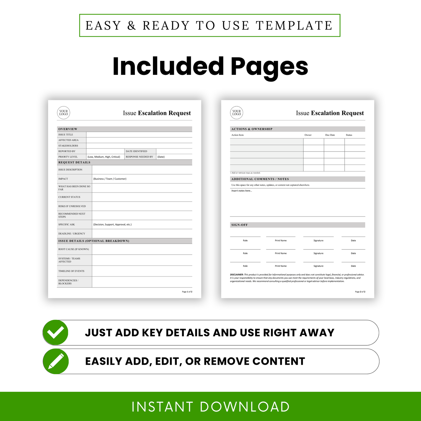 Two-page issue escalation request template showing overview, request details, action tracking, and sign-off sections for professional business use