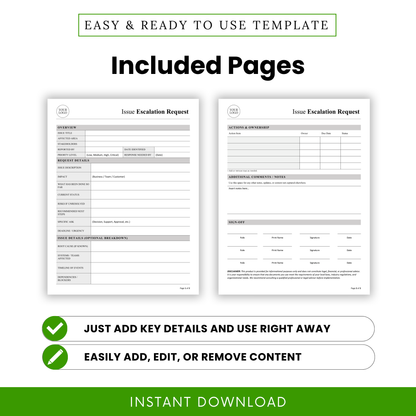 Two-page issue escalation request template showing overview, request details, action tracking, and sign-off sections for professional business use