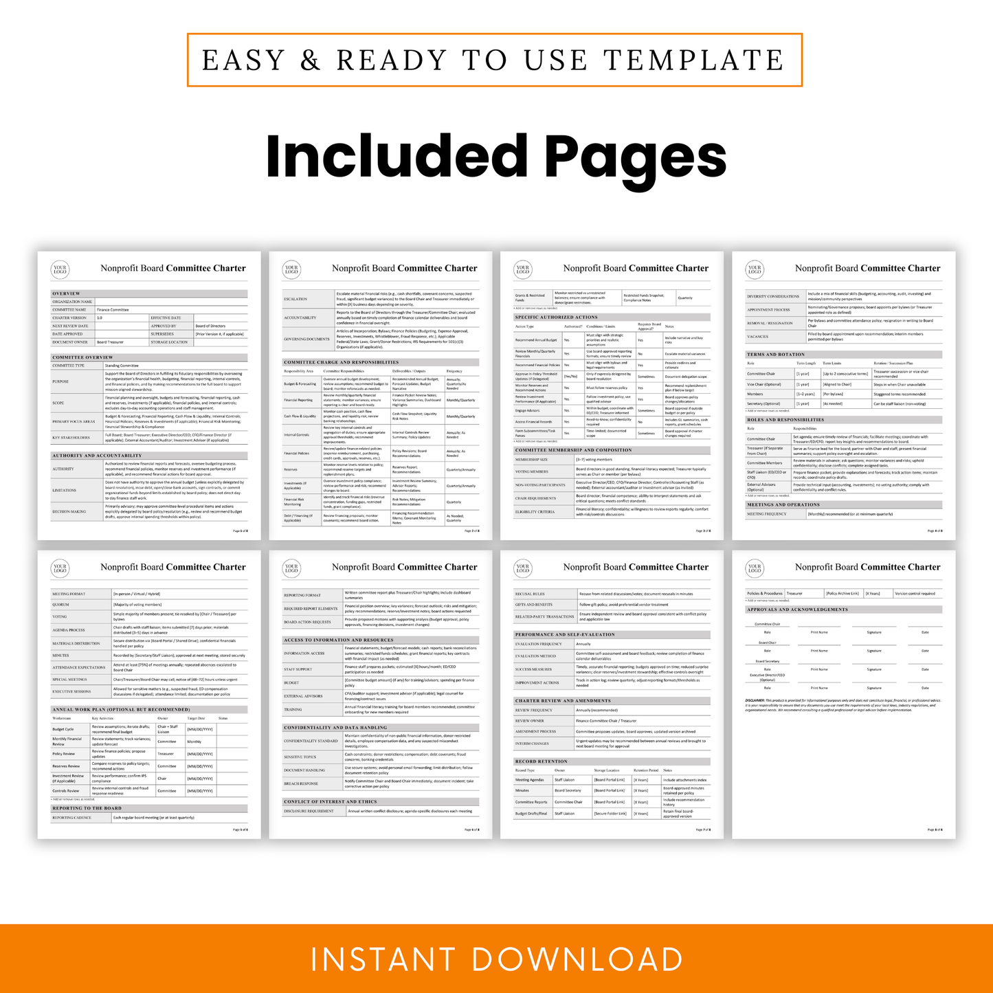 Nonprofit board committee charter template full page preview set showing multiple structured pages including financial oversight responsibilities reporting and governance sections in clean layout