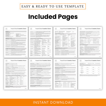 Nonprofit board committee charter template full page preview set showing multiple structured pages including financial oversight responsibilities reporting and governance sections in clean layout