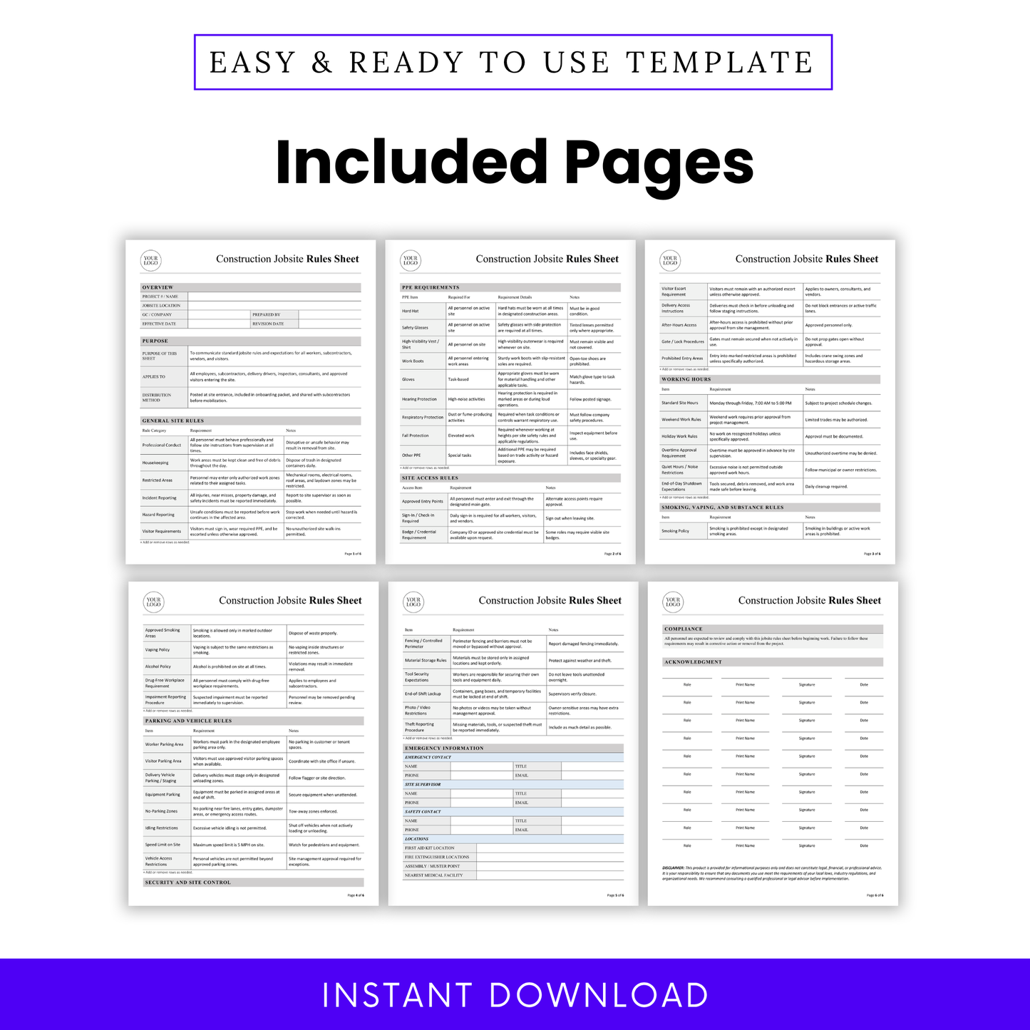 Construction jobsite rules sheet multi-page preview showing full document layout including safety rules, PPE requirements, site access rules, and compliance sections for contractors