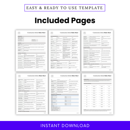 Construction jobsite rules sheet multi-page preview showing full document layout including safety rules, PPE requirements, site access rules, and compliance sections for contractors