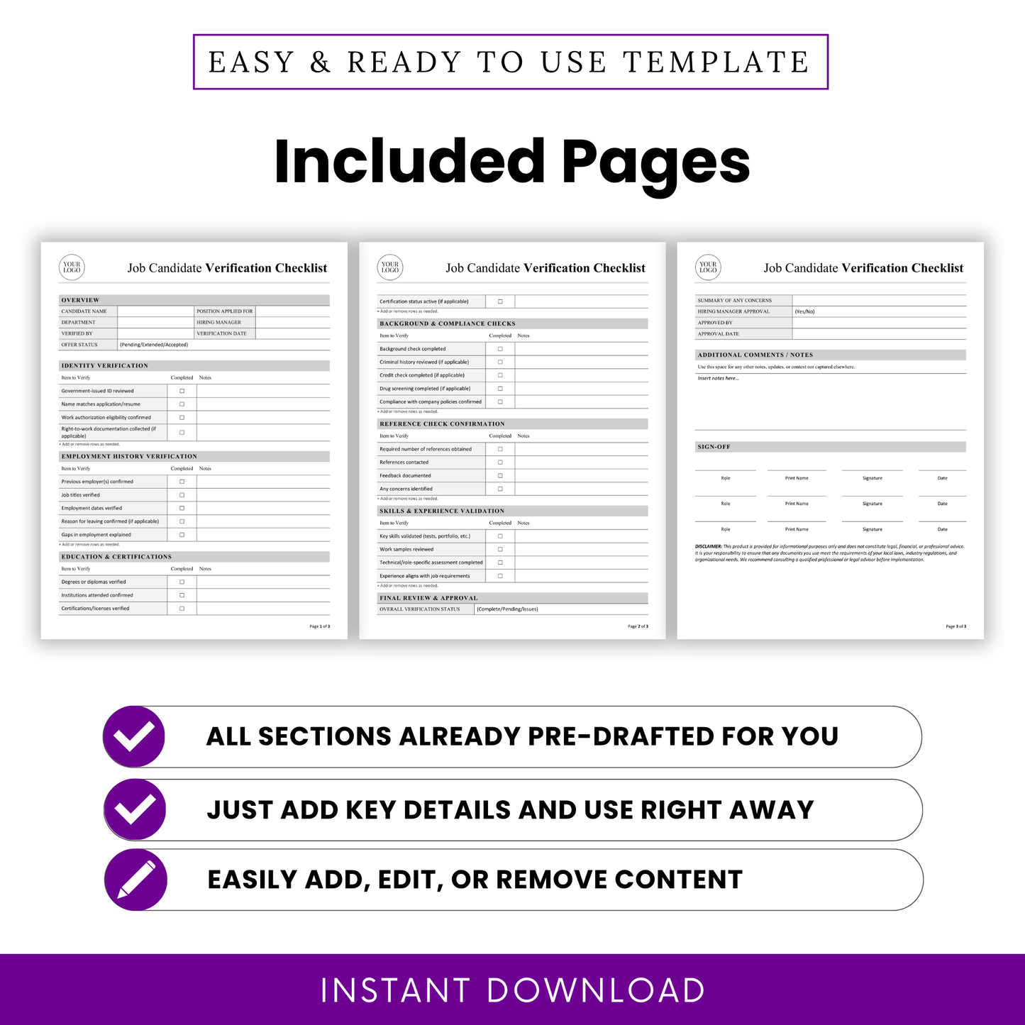 Editable Job Candidate Verification Checklist Template PDF preview showing all included pages in a clean, minimalist design. This business template is perfect for recruiters and hiring managers who need an organized and printable candidate verification checklist.