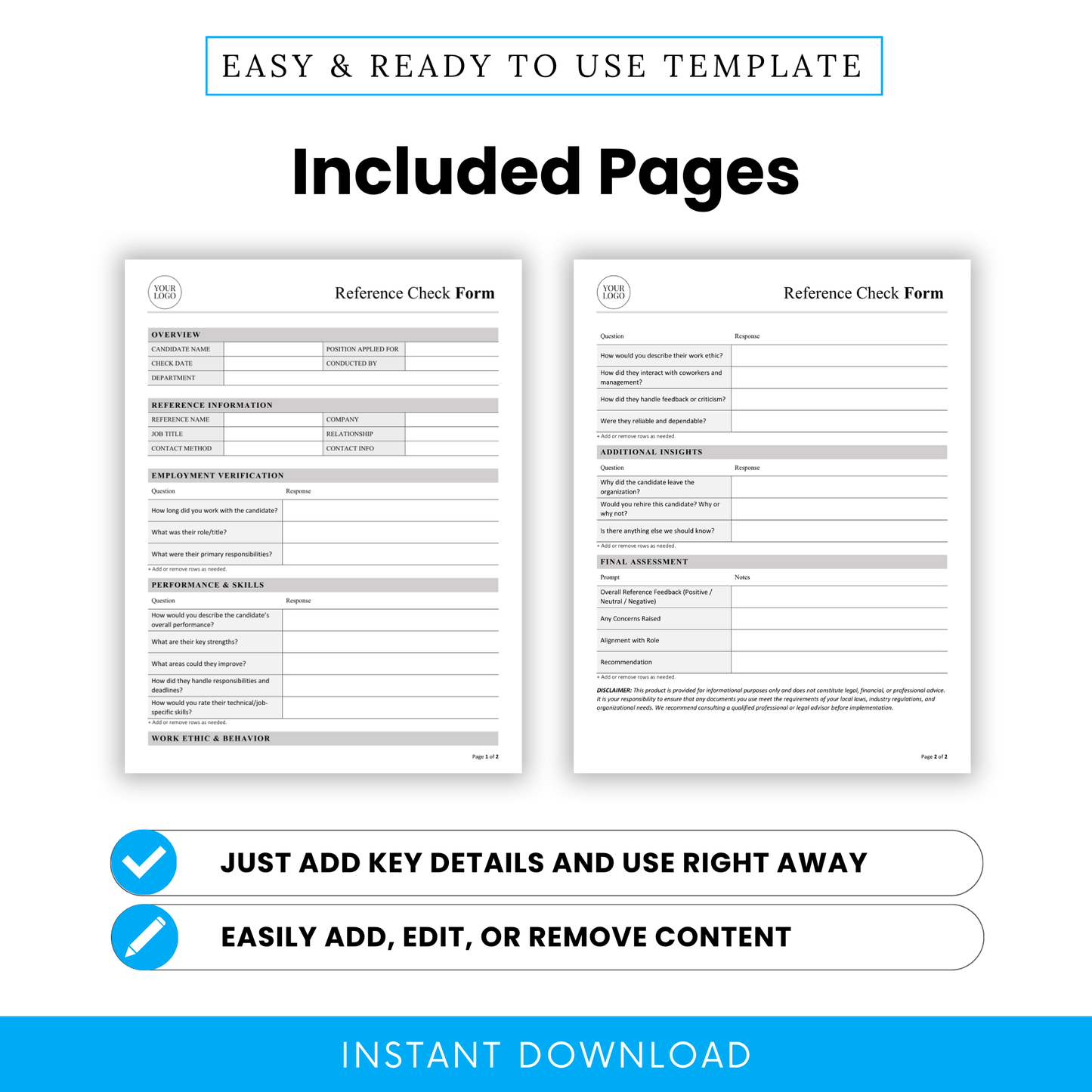 Reference check form two-page layout preview showing HR candidate evaluation form, employment verification section, performance review questions, printable hiring document template