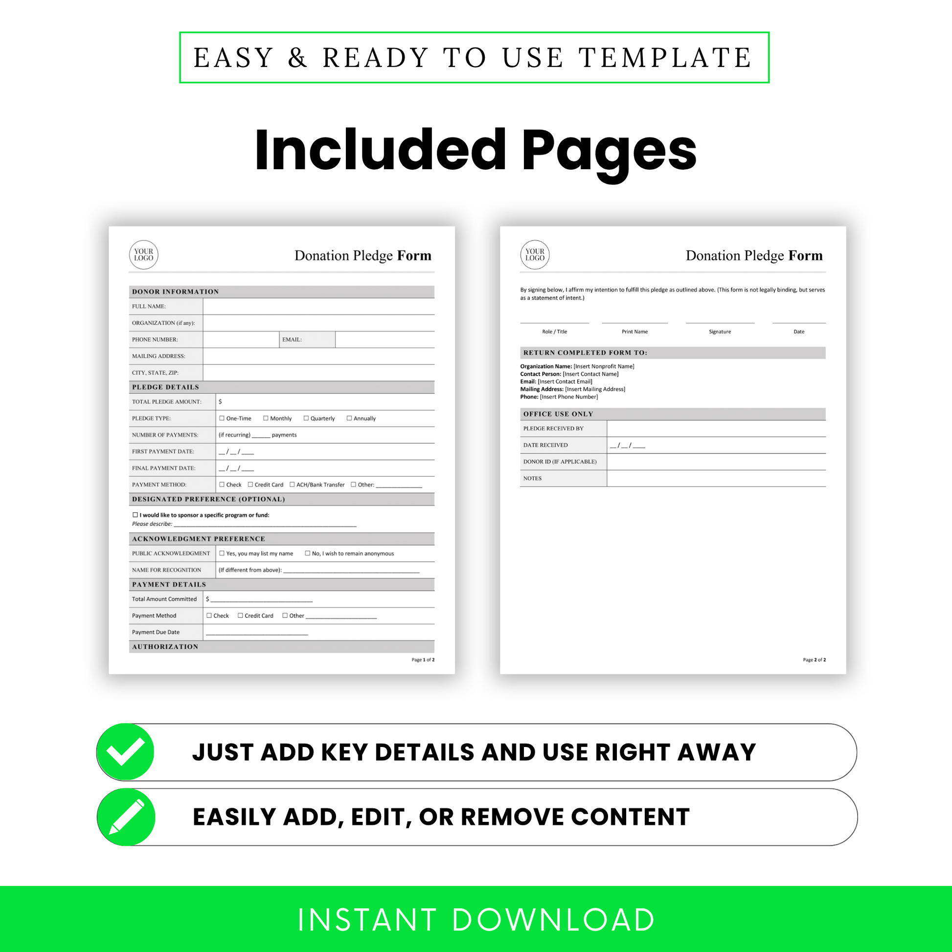 Donation Pledge Form Template PDF and Word formats displayed with two included pages for complete donor documentation. This printable and editable nonprofit form template allows teams to quickly capture and manage pledge details with ease.
