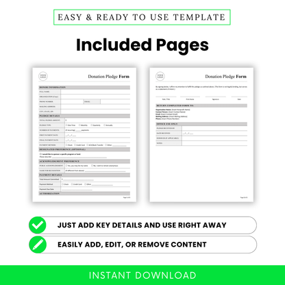 Donation Pledge Form Template PDF and Word formats displayed with two included pages for complete donor documentation. This printable and editable nonprofit form template allows teams to quickly capture and manage pledge details with ease.