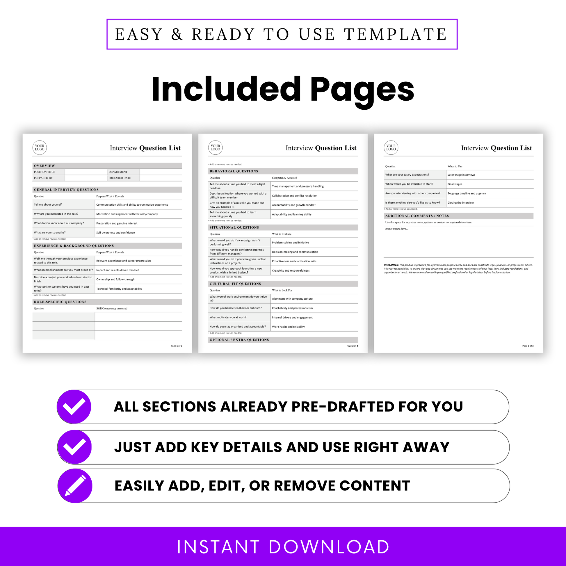 Interview questions template pages preview including general, behavioral, situational and cultural fit questions, multi-page HR hiring document layout