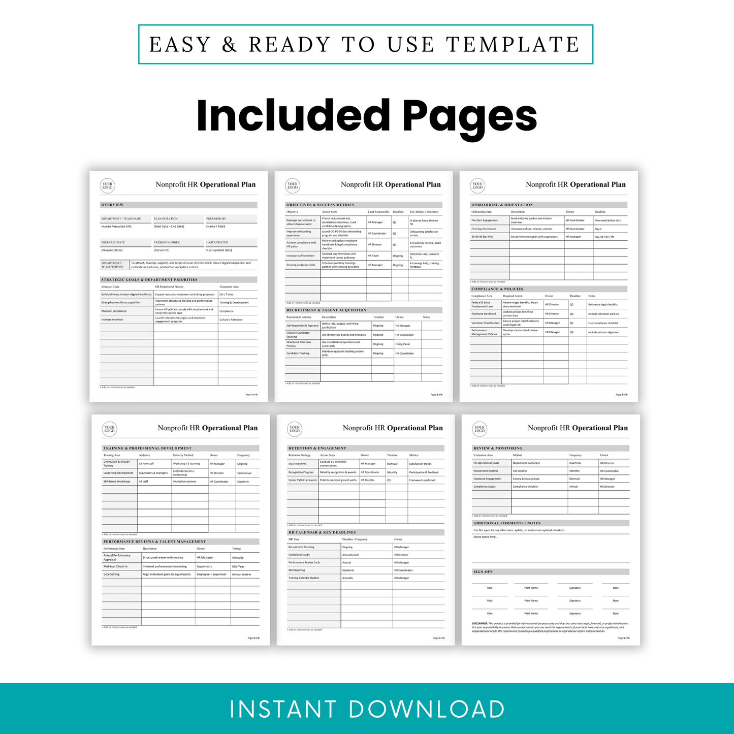 Nonprofit HR operational plan template pages preview showing overview, objectives, recruitment, onboarding, compliance, training, retention, and evaluation sections