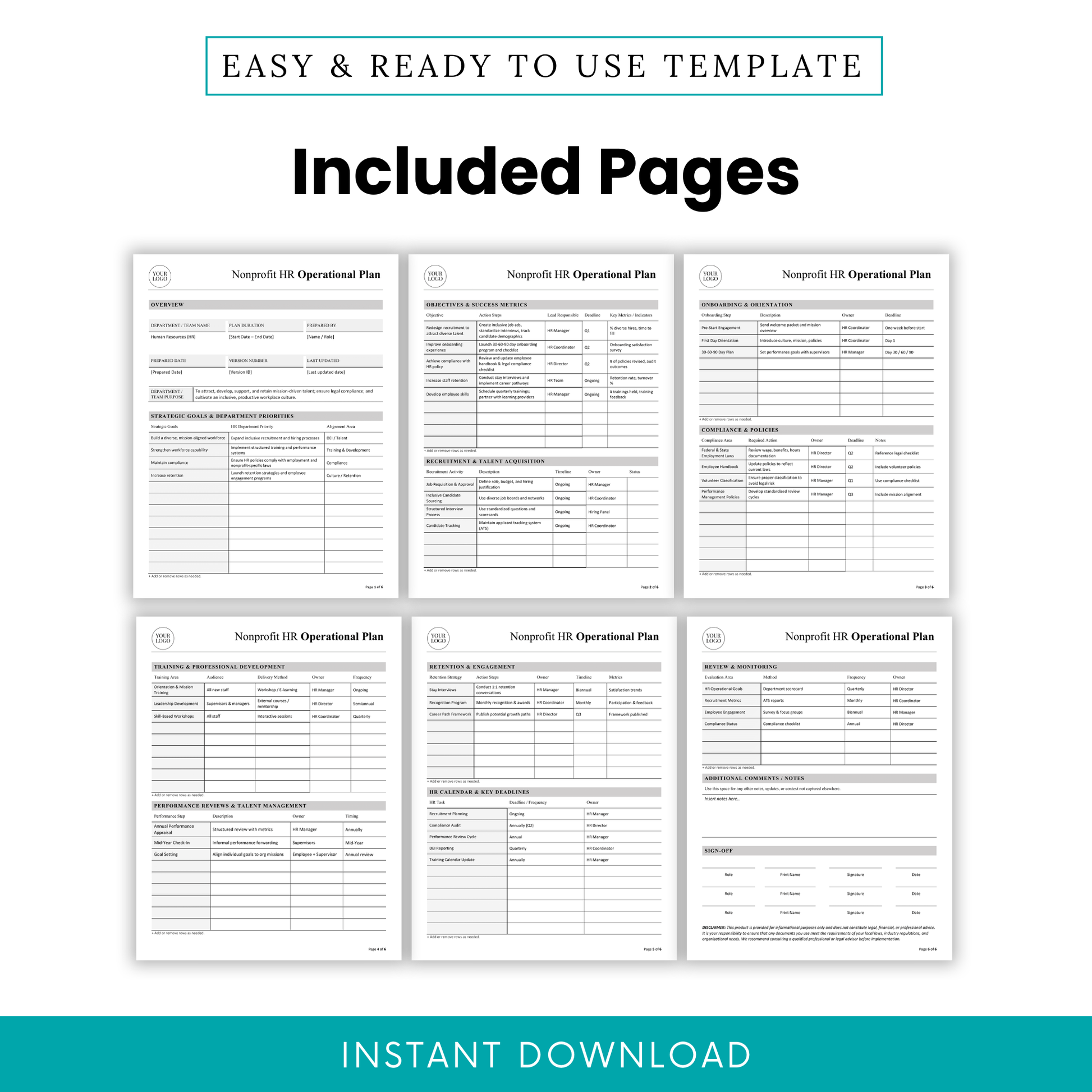Nonprofit HR operational plan template pages preview showing overview, objectives, recruitment, onboarding, compliance, training, retention, and evaluation sections