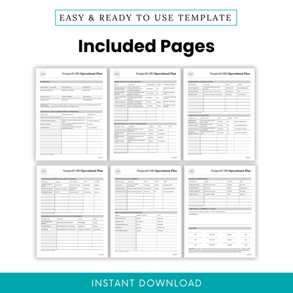 Nonprofit HR operational plan template pages preview showing overview, objectives, recruitment, onboarding, compliance, training, retention, and evaluation sections