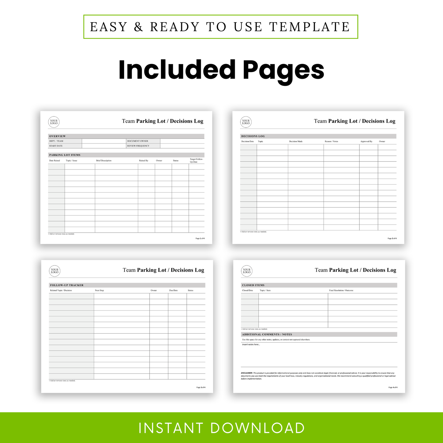 Preview of included pages showing team parking lot log, decisions log, follow-up tracker, and closed items sheets in a clean, professional printable format