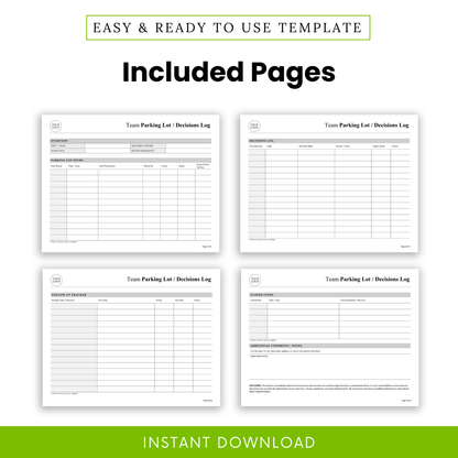 Preview of included pages showing team parking lot log, decisions log, follow-up tracker, and closed items sheets in a clean, professional printable format