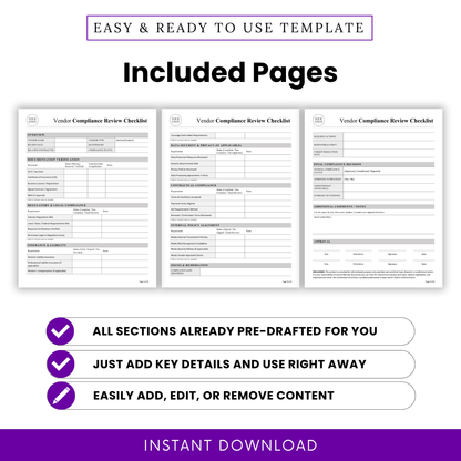 Editable Vendor Compliance Checklist Template preview showing all included pages in Word and PDF formats. This business template is perfect for teams needing a structured vendor review process with easy customization and professional formatting.