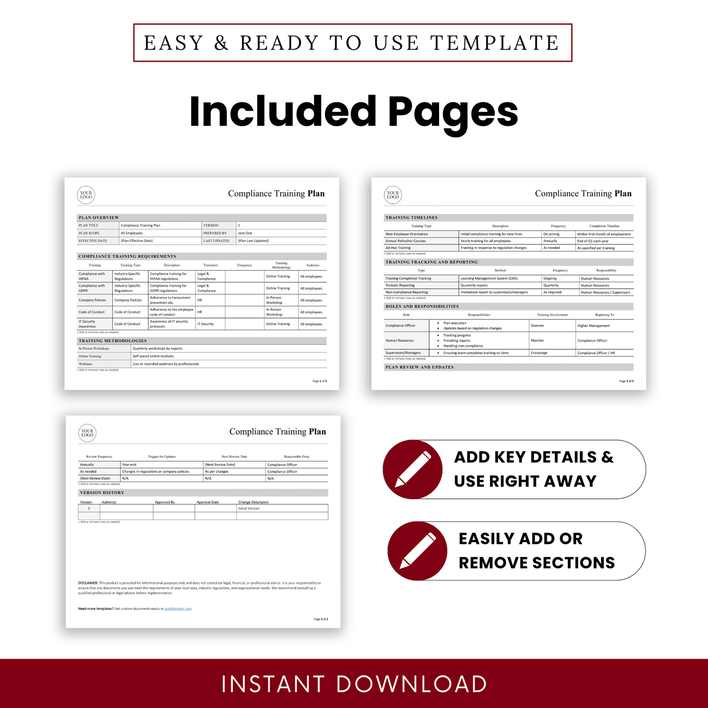 Professional compliance training plan pages preview showing plan overview, training requirements table, methodologies, tracking and reporting, editable business document template for HR and compliance teams