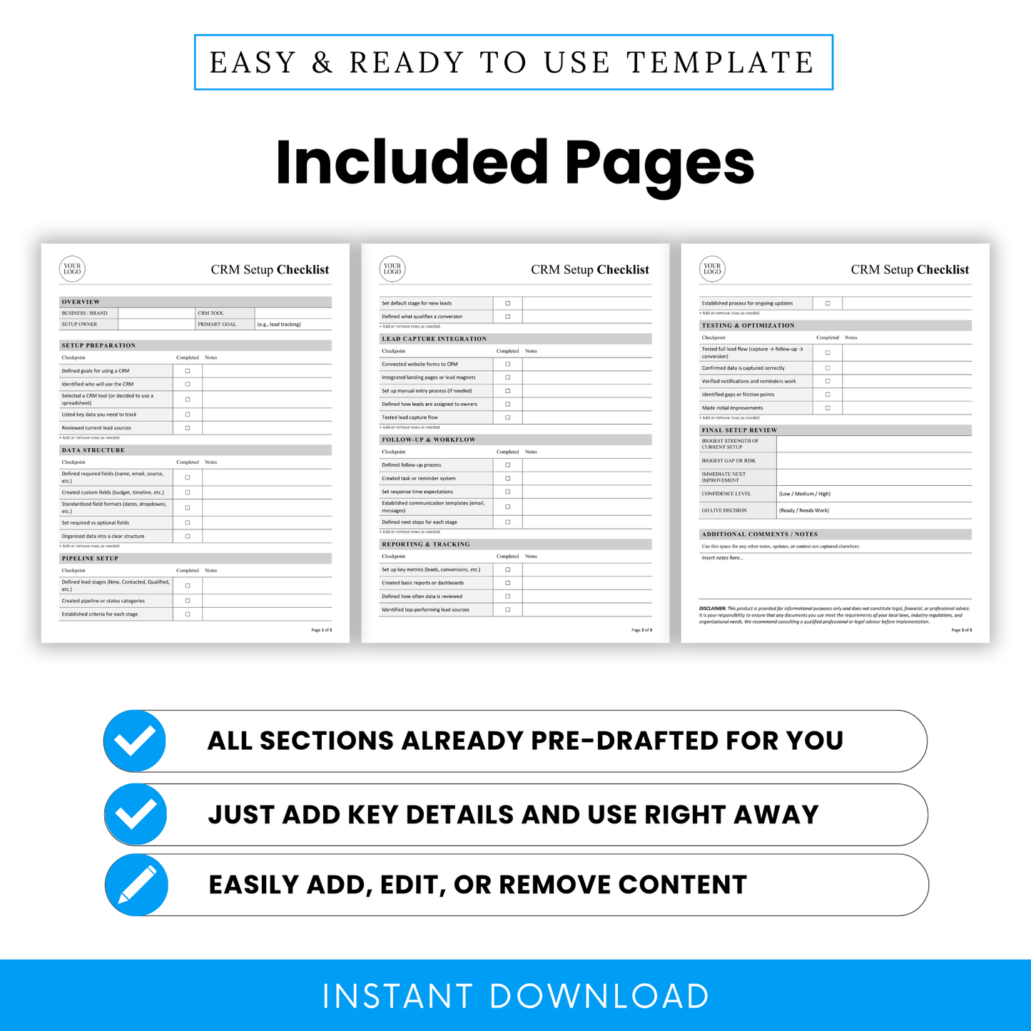 Editable CRM Setup Checklist Template PDF preview showing all included pages for a complete CRM system setup. This printable CRM Template is ideal for teams and small businesses needing a structured, easy-to-use business template for lead management and workflow organization.