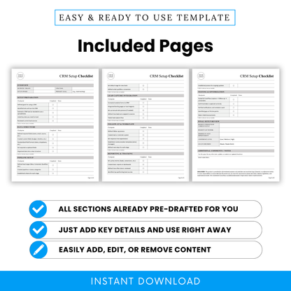 Editable CRM Setup Checklist Template PDF preview showing all included pages for a complete CRM system setup. This printable CRM Template is ideal for teams and small businesses needing a structured, easy-to-use business template for lead management and workflow organization.