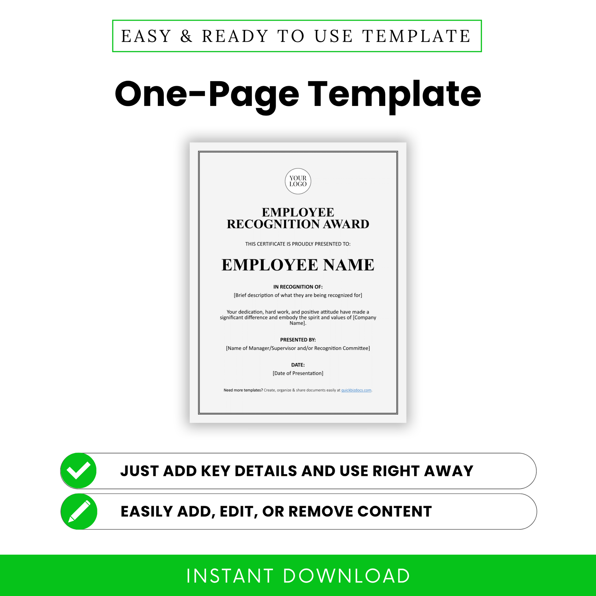 One-page employee recognition award certificate template with clean layout, easy to edit in Word, add employee name, company logo, recognition message, ready to print