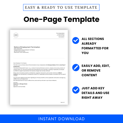 Single-page Employment Termination Letter template with pre-formatted sections, highlighting that it’s editable, easy to use, and requires just key detail entry.