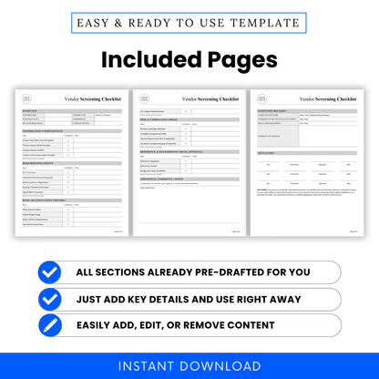 Vendor Screening Checklist Template PDF preview showing all included pages in a structured, printable format. This Vendor Checklist Template is ideal for small businesses and procurement teams needing an organized, easy-to-use vendor evaluation document.