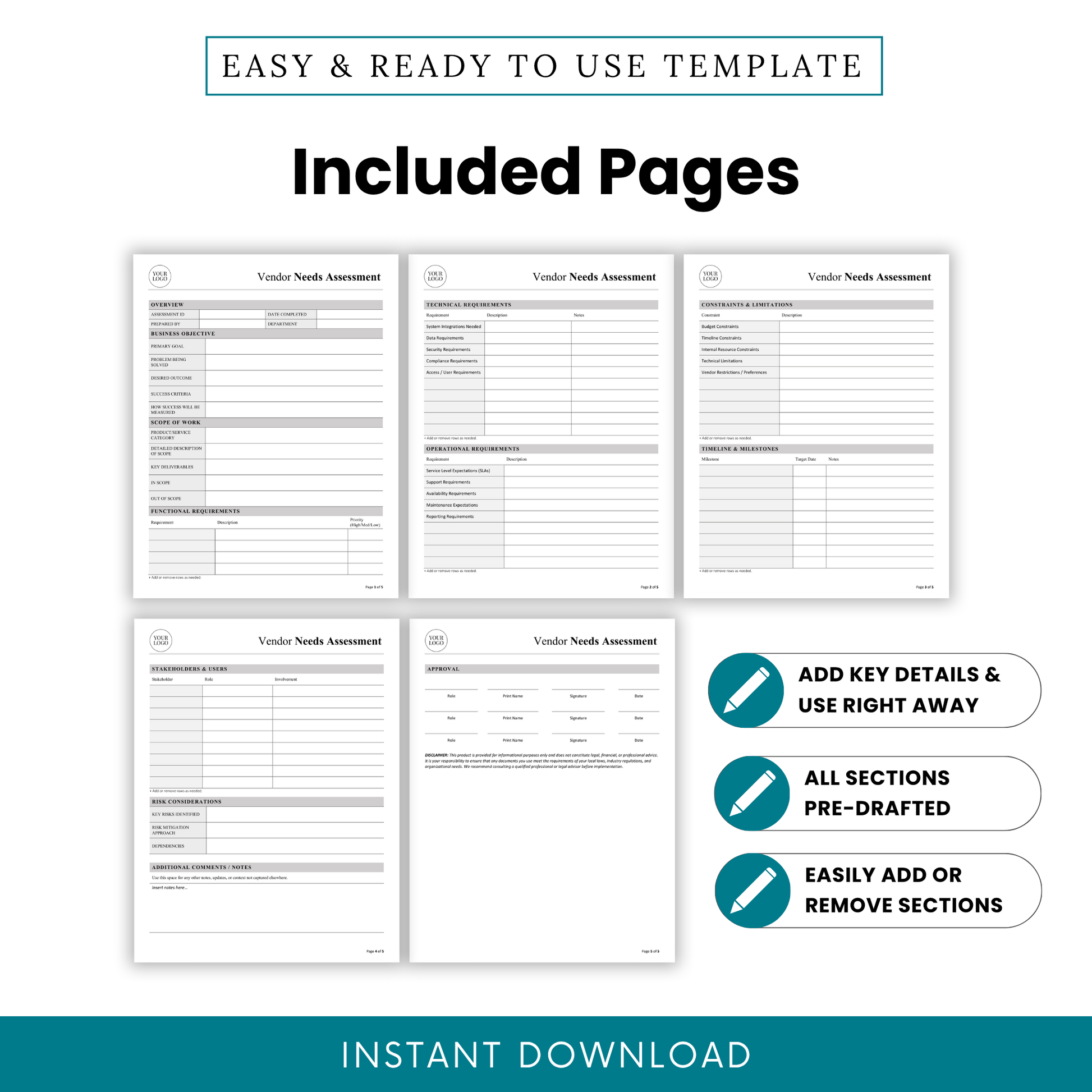 Editable Vendor Needs Assessment Template Word preview showing all included pages in a clean, professional layout. This printable Vendor Assessment Template is perfect for organizing business requirements, project planning, and vendor comparison across multiple pages.