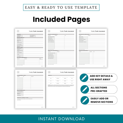 Editable Vendor Needs Assessment Template Word preview showing all included pages in a clean, professional layout. This printable Vendor Assessment Template is perfect for organizing business requirements, project planning, and vendor comparison across multiple pages.