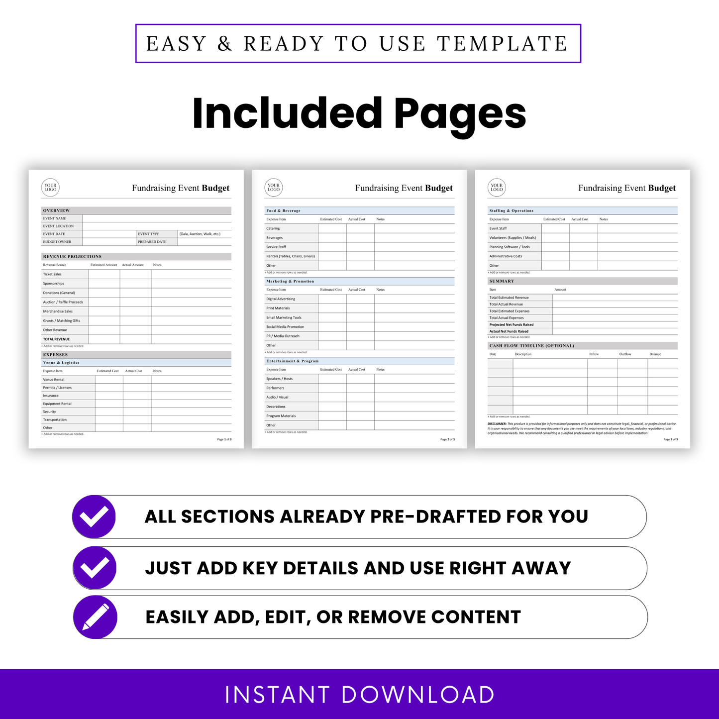 Fundraising Event Budget Template PDF preview showing all included pages with structured sections for revenue projections and expense tracking. This printable budget planner is ideal for nonprofits and event planners needing a complete, easy-to-use financial tracking system.