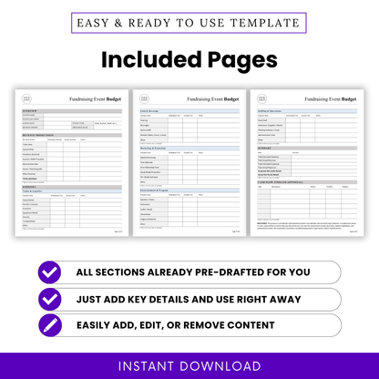 Fundraising Event Budget Template PDF preview showing all included pages with structured sections for revenue projections and expense tracking. This printable budget planner is ideal for nonprofits and event planners needing a complete, easy-to-use financial tracking system.