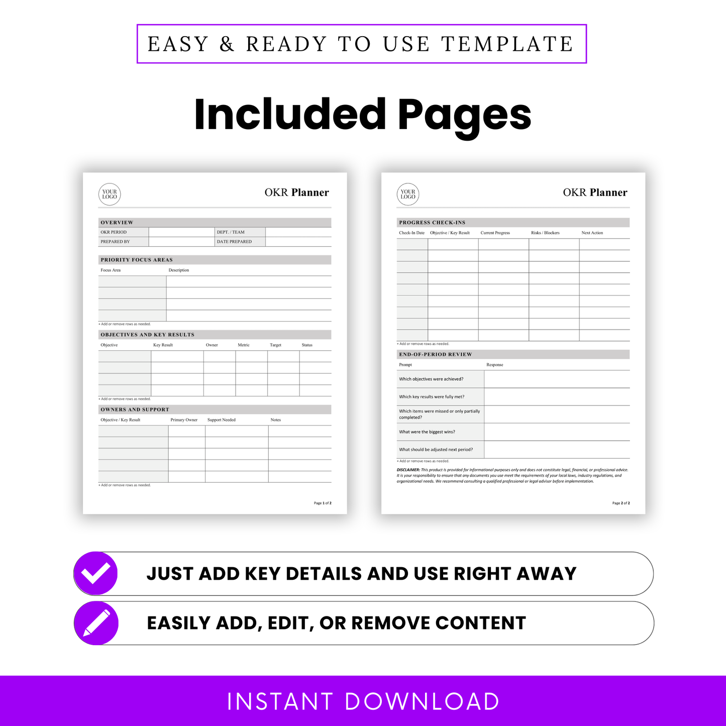Preview of OKR planner pages showing overview section, priority focus areas, objectives and key results tracker, owners and support table, progress check-ins and end-of-period review layout