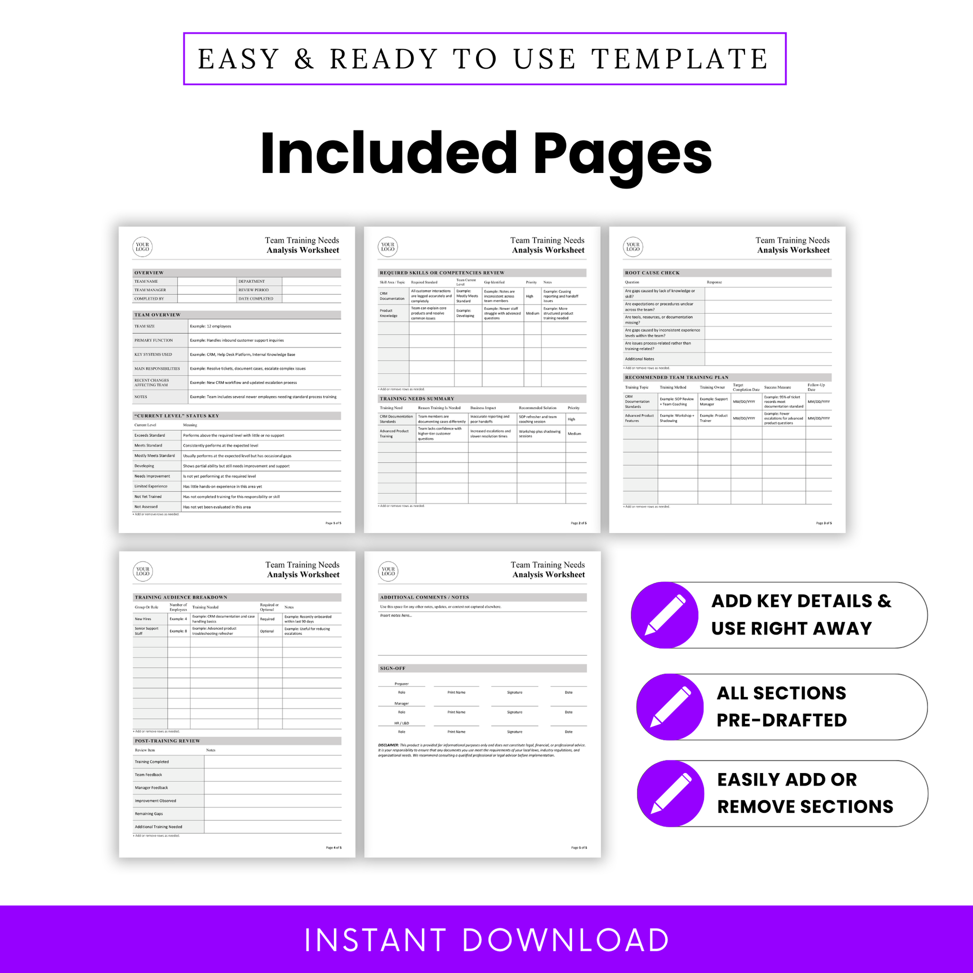 Preview of multiple pages in team training needs analysis template including overview, skills assessment, training plan, audience breakdown, and review sections