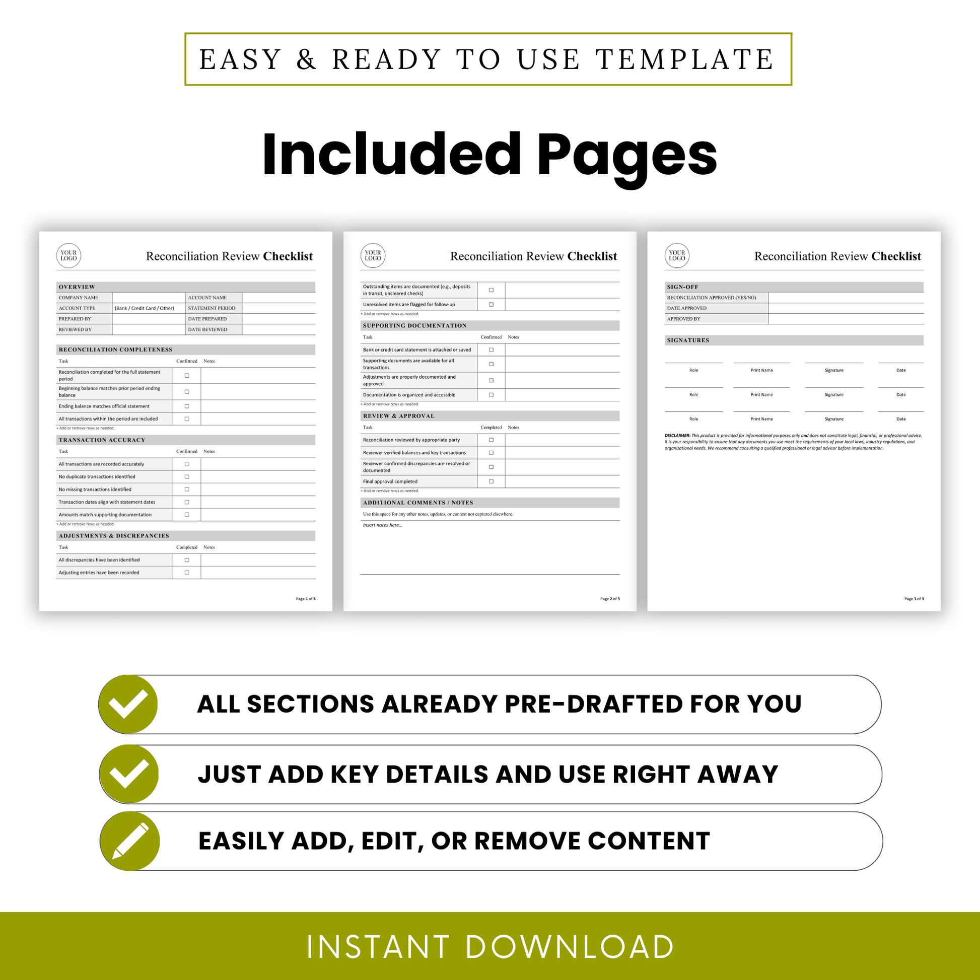 Preview of reconciliation review checklist pages including overview, transaction accuracy, supporting documentation, and approval sections for accounting workflows