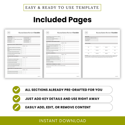 Preview of reconciliation review checklist pages including overview, transaction accuracy, supporting documentation, and approval sections for accounting workflows