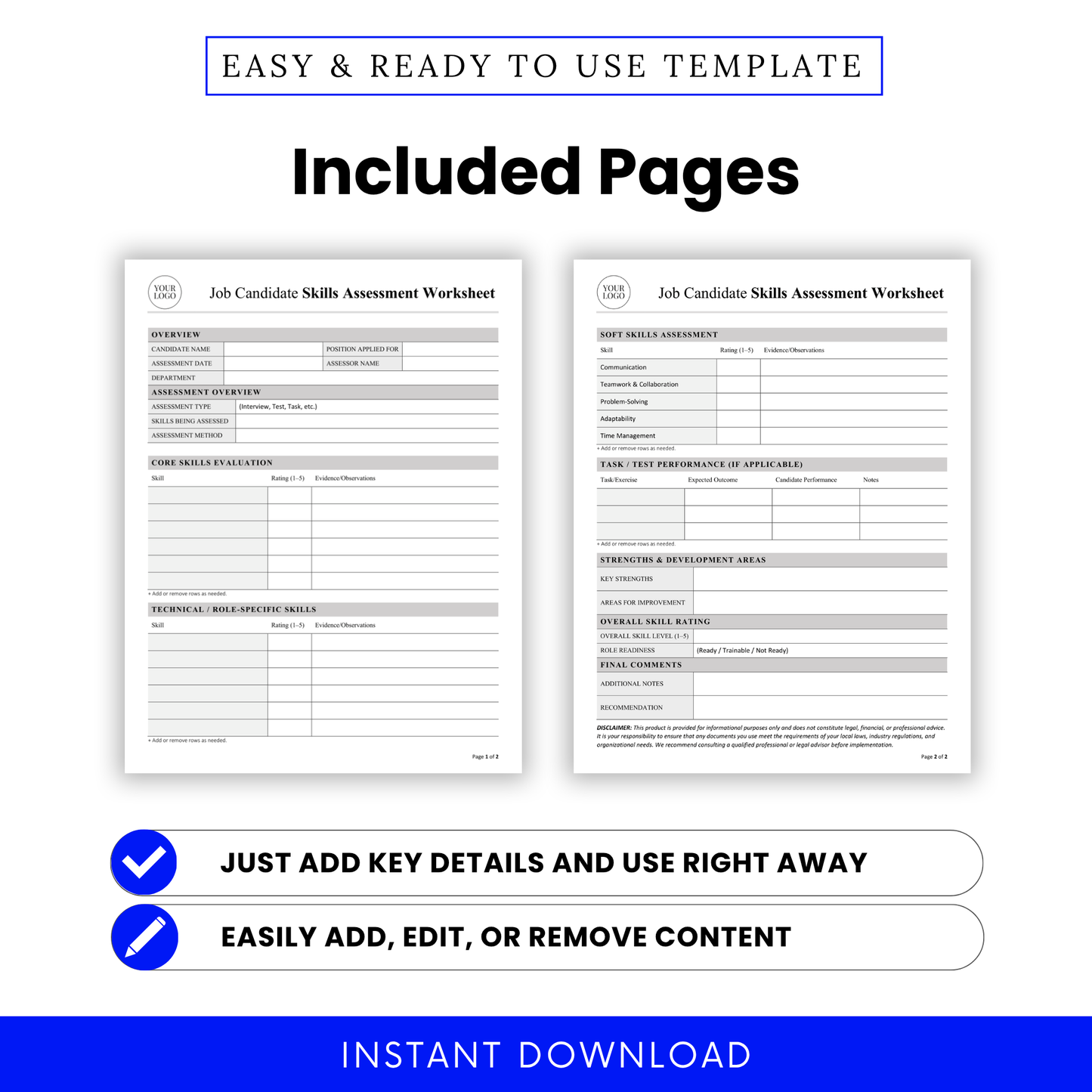 Preview of two-page job candidate assessment worksheet showing detailed sections for overview, core skills evaluation, technical skills, soft skills, and performance review in a clean, organized layout for HR use