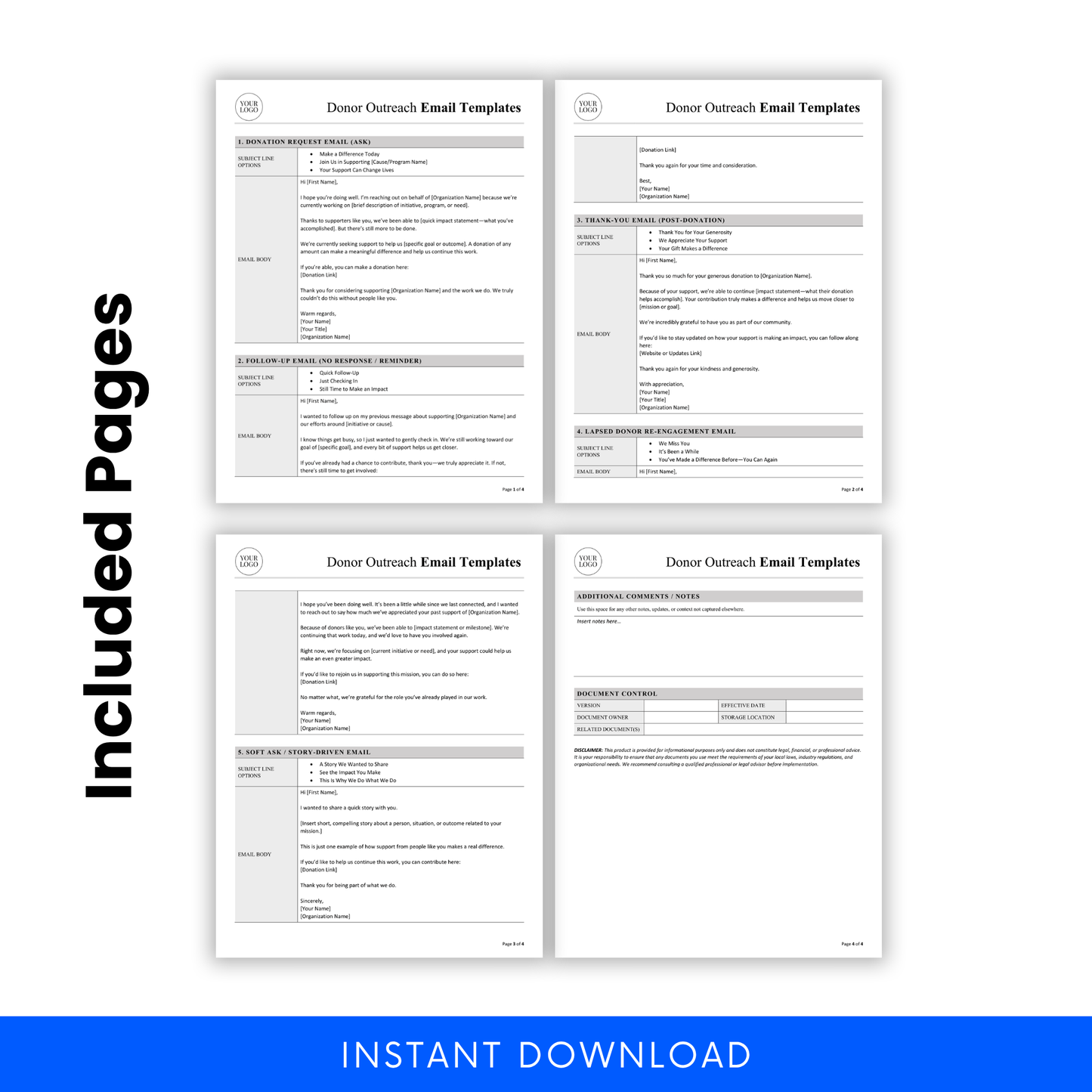 Donor Outreach Email Templates Template PDF preview displaying all included pages and sections in a printable, organized format. This nonprofit business template is perfect for teams needing a complete, ready-to-use donor communication system for campaigns and outreach.