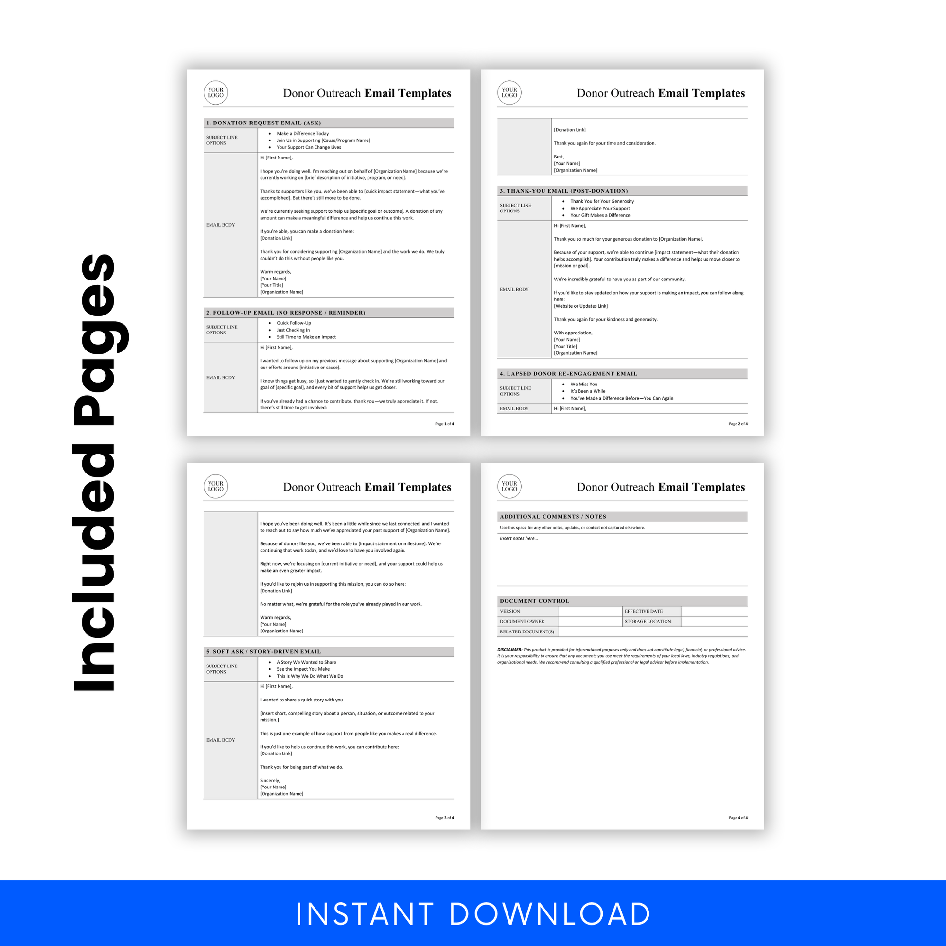 Donor Outreach Email Templates Template PDF preview displaying all included pages and sections in a printable, organized format. This nonprofit business template is perfect for teams needing a complete, ready-to-use donor communication system for campaigns and outreach.