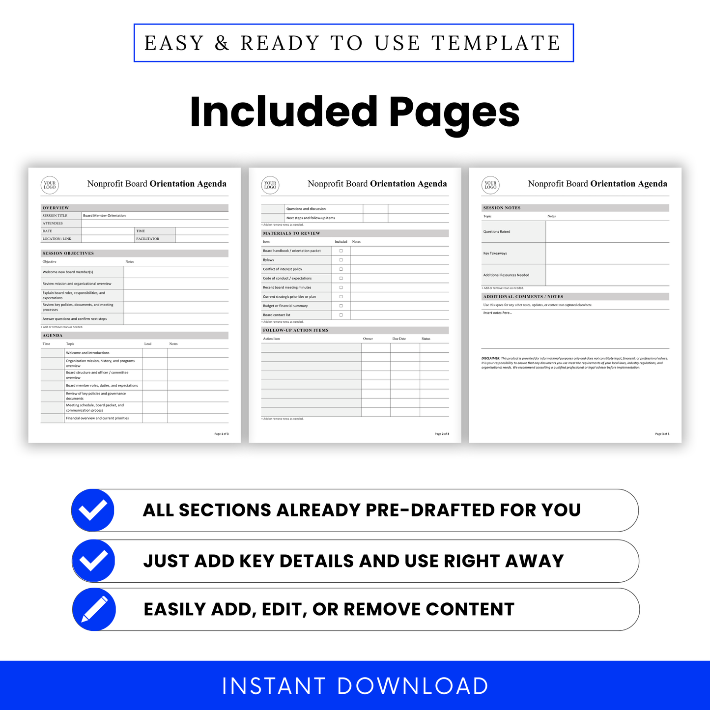 Nonprofit board orientation agenda template image displaying three included pages with overview, materials to review, follow-up action items, session notes, and editable pre-drafted sections for nonprofit board onboarding in Word and PDF