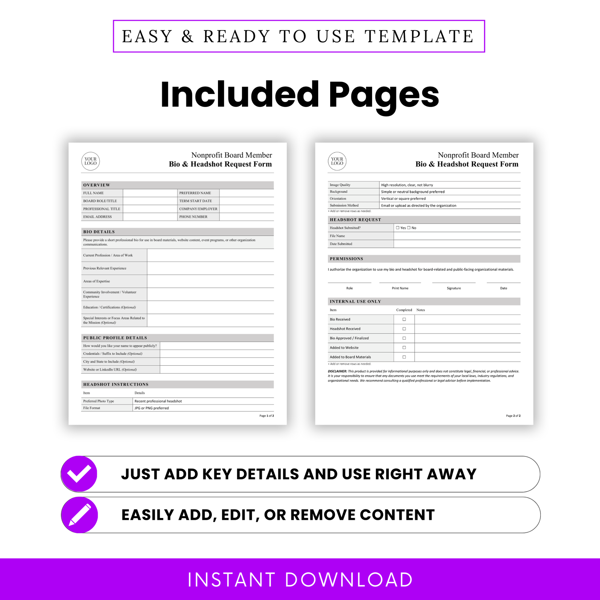Two-page nonprofit board member bio and headshot request form template preview showing included pages, editable layout, clean minimalist design, and instant download digital file for Word and PDF