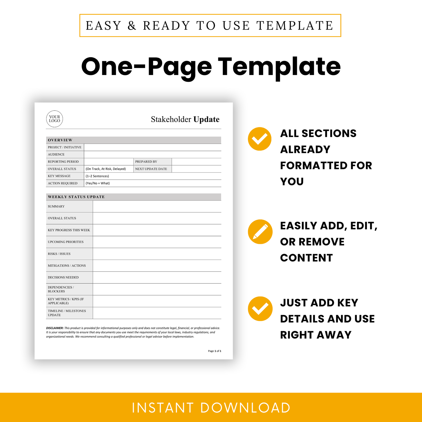 One-page stakeholder update template with fully formatted sections, easy editing, customizable content, and ready-to-use professional project report layout