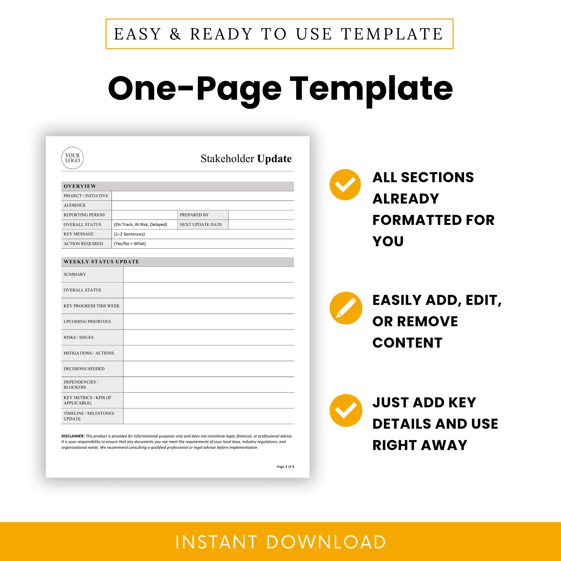 One-page stakeholder update template with fully formatted sections, easy editing, customizable content, and ready-to-use professional project report layout
