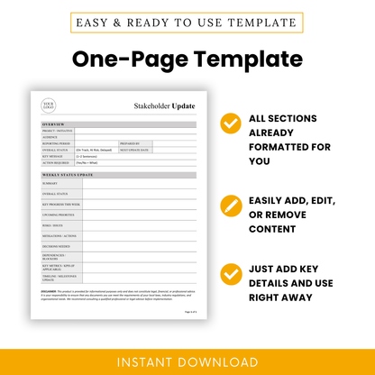 One-page stakeholder update template with fully formatted sections, easy editing, customizable content, and ready-to-use professional project report layout