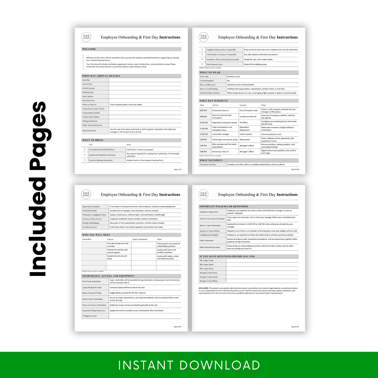 Employee onboarding document bundle showing multiple pages with welcome section, arrival details, checklist, schedule, policies, and HR onboarding forms