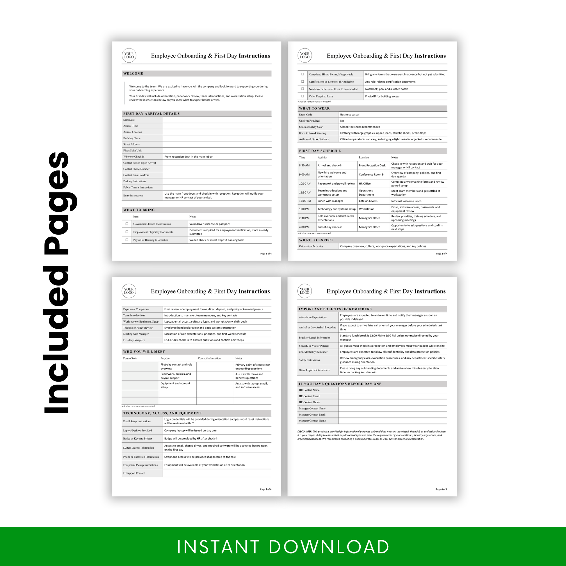 Employee onboarding document bundle showing multiple pages with welcome section, arrival details, checklist, schedule, policies, and HR onboarding forms