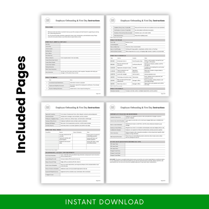Employee onboarding document bundle showing multiple pages with welcome section, arrival details, checklist, schedule, policies, and HR onboarding forms
