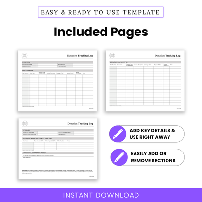 Editable Donation Tracking Log Template preview showing all included pages such as donation log, summary, and donor follow-up tracking. This printable business template helps nonprofits and teams easily manage donations, track engagement, and maintain organized records.