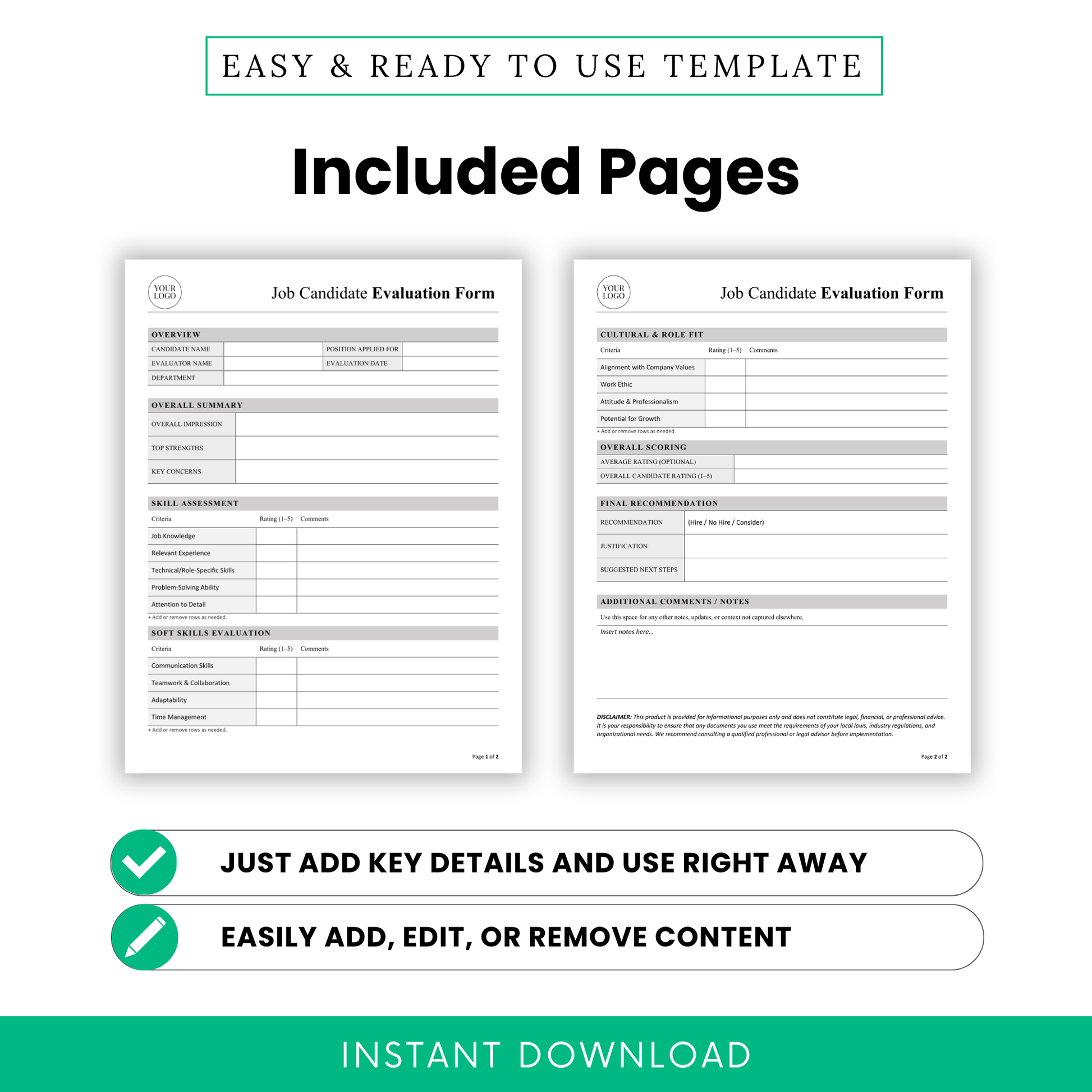 Two-page job candidate evaluation form template in Word and PDF with structured interview scoring and candidate feedback sections.